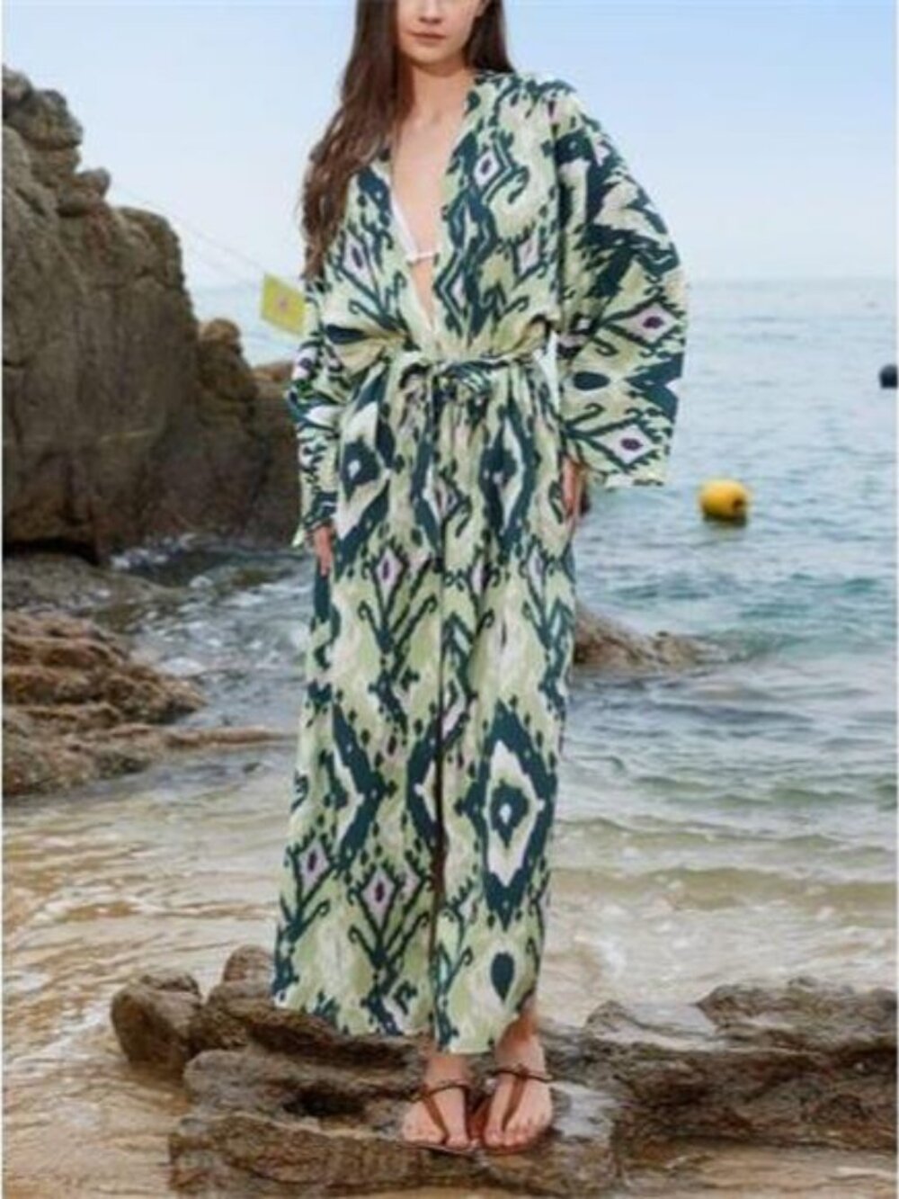 Boho Print Long Sleeve Beach Cover-Up